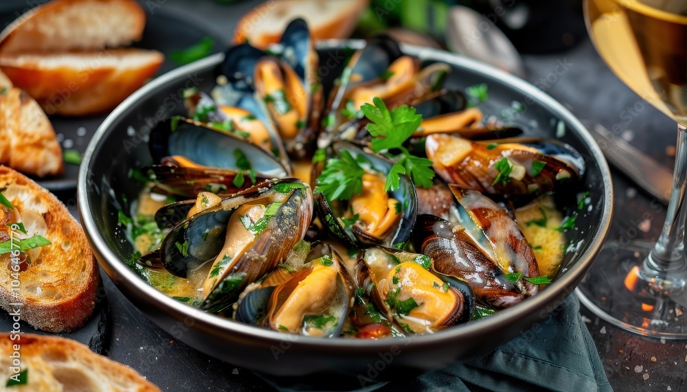 Mussels in creamy sauce bread and wine Seafood close up Mussels in creamy sauce bread and wine Seafood close up