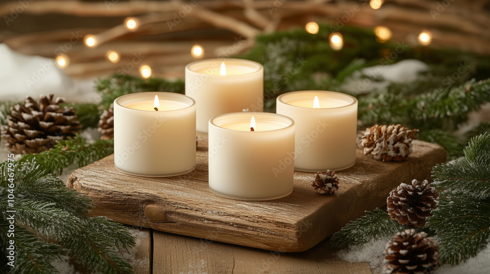 Christmas candles arranged on rustic wooden trays with fir branches and pinecones Christmas candles arranged on rustic wooden trays with fir branches and pinecones