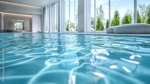 Ultra-modern swimming pool with clear blue water  reflections from large windows  minimalist design  spa-like tranquility  close-up of water ripples