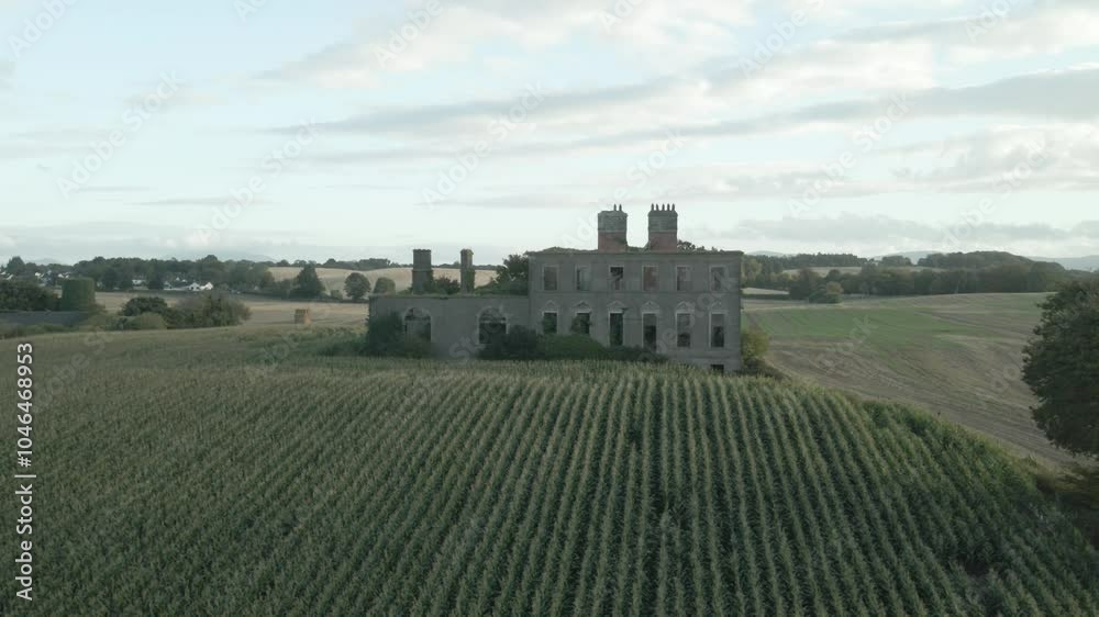 The historic stephenstown house ruins surrounded by vast green fields in rural ireland, aerial view The historic stephenstown house ruins surrounded by vast green fields in rural ireland, aerial view