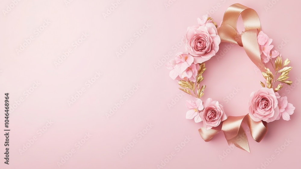 Photo of, Pink background with elegant floral wreath and golden frame for design, banner template Photo of, Pink background with elegant floral wreath and golden frame for design, banner template