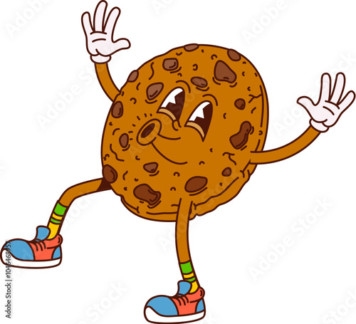 Cartoon groovy chocolate cookie character with lively expression and bright retro sneakers. Isolated vector funny hippie dessert, sweet round candy or pastry with chocolate chips cheerfully dancing