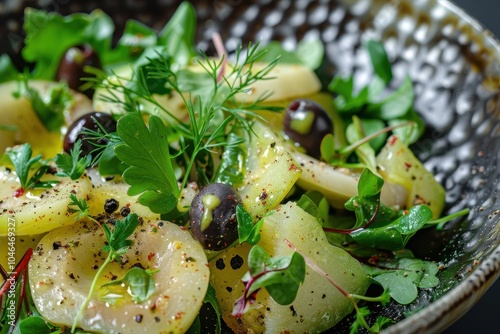 Olivier salad with herbs olives and pepper