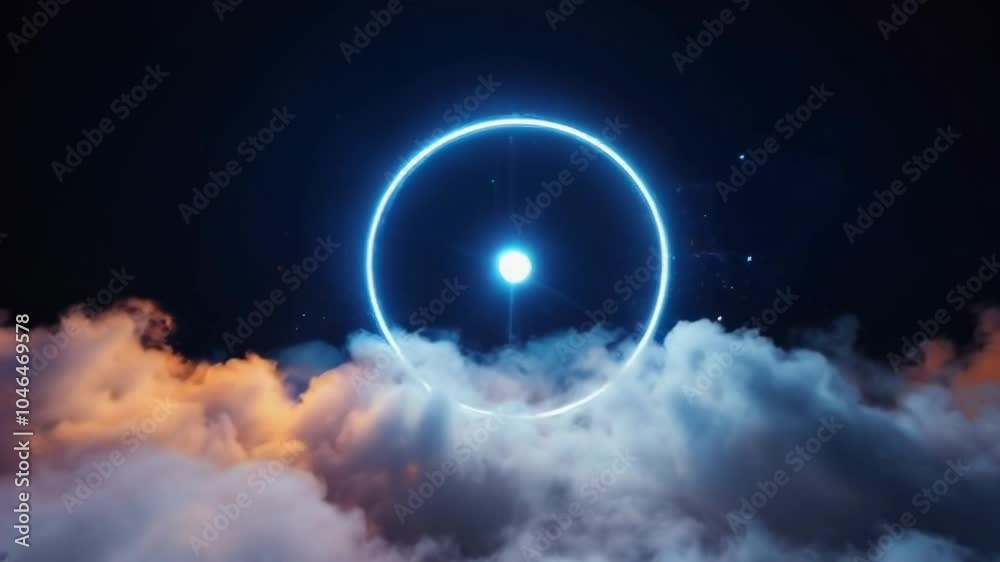 A glowing circle illuminates the night sky amidst swirling clouds, creating a dreamy, ethereal atmosphere with cinematic qualities.