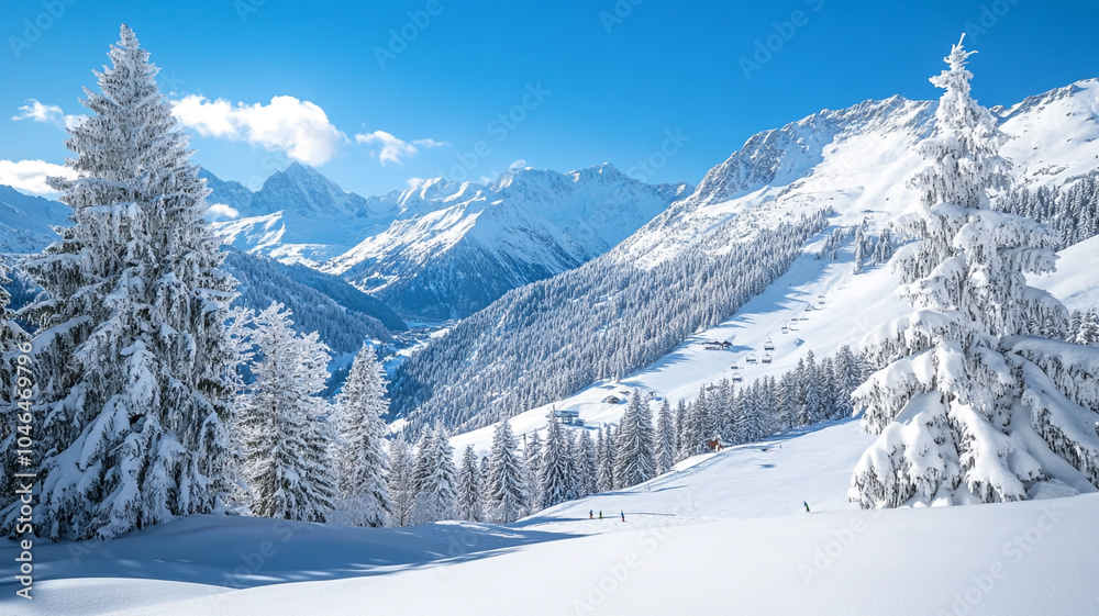 Snowboarders descend through pristine snow-covered mountains on a sunny winter day Snowboarders descend through pristine snow-covered mountains on a sunny winter day