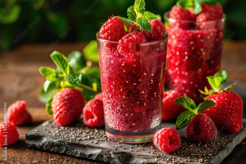 Organic Raspberry and Chia Seed Drink on a backdrop Organic Raspberry and Chia Seed Drink on a backdrop