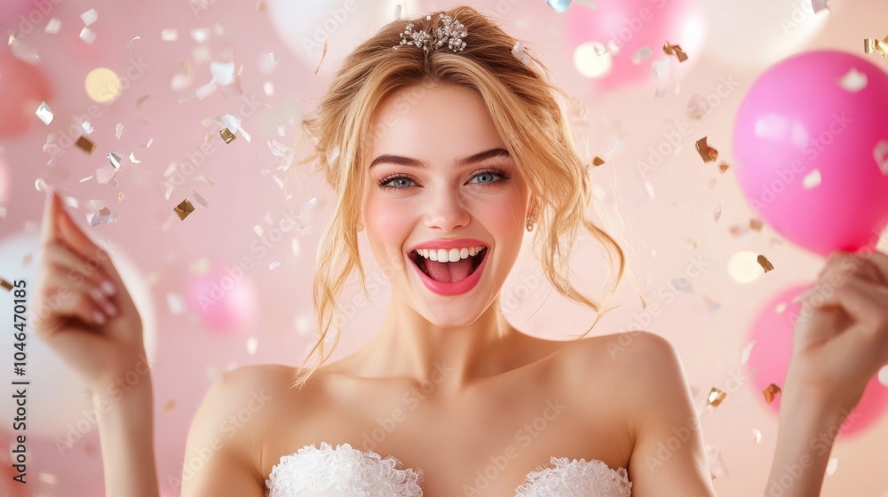 Joyful bride celebrating with confetti and balloons Joyful bride celebrating with confetti and balloons