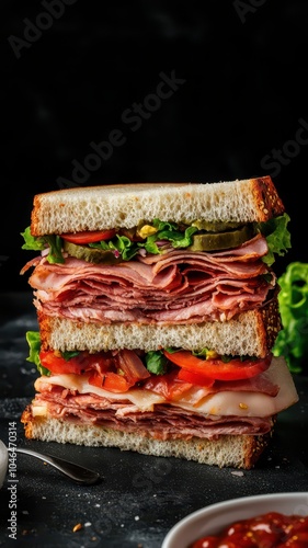 Wholesome deli sandwich stacked high with savory meats and fresh veggies, perfect for a hearty meal.