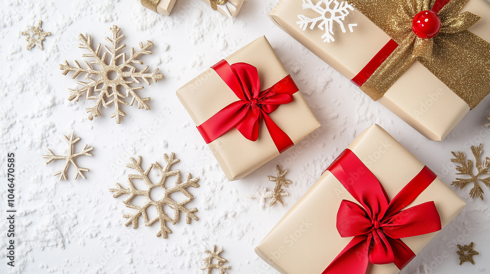 Wrapped gifts and snowflakes scattered on white background with red ribbons Wrapped gifts and snowflakes scattered on white background with red ribbons