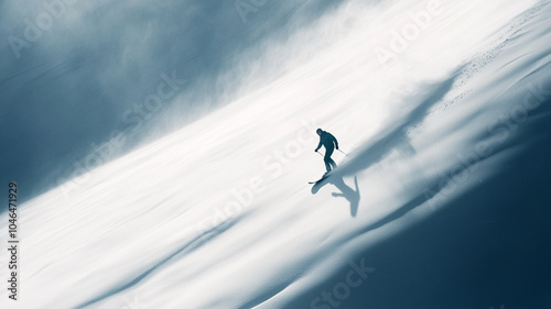 Snowboarder glides down a pristine, snowy slope in the mountains on a sunny winter day