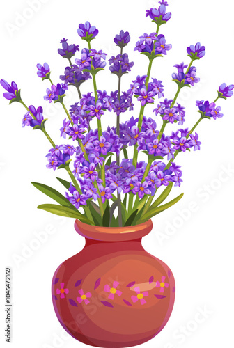 Cartoon lavender flowers arranged in a decorative clay brown vase with a purple floral pattern. Isolated vector arrangement of vibrant fresh purple blossoms conveys springtime feel for home decoration
