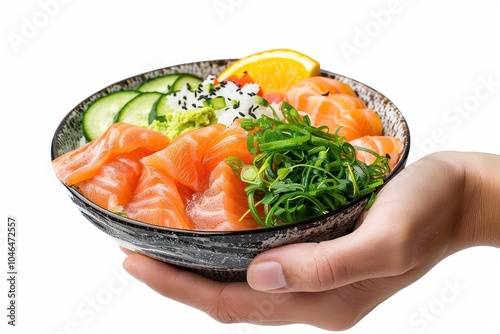 Person holding raw salmon and kani poke bowl with sunomono salad Japanese cuisine isolated photo