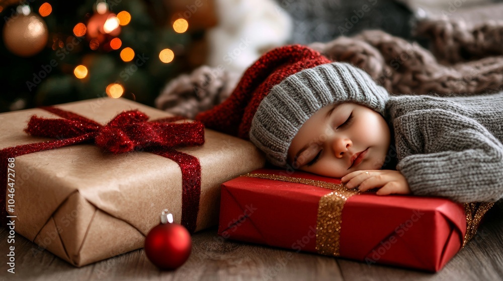 Adorable Baby Sleeping Near Christmas Presents Adorable Baby Sleeping Near Christmas Presents