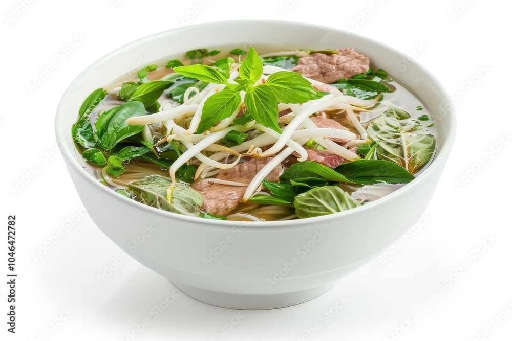 Pho a popular Vietnamese dish worldwide is a traditional soup made with pork herbs rice noodles and broth in a white bowl on a white background Pho a popular Vietnamese dish worldwide is a traditional soup made with pork herbs rice noodles and broth in a white bowl on a white background