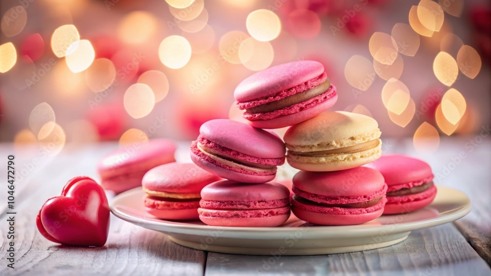 Heart-Shaped Pink and Red French Macarons with Bokeh Effect, Sweet Dessert Treats for Valentine's Day, Romantic Confectionery, Gourmet Pastries, Delicious Sweets, Love Treats Heart-Shaped Pink and Red French Macarons with Bokeh Effect, Sweet Dessert Treats for Valentine's Day, Romantic Confectionery, Gourmet Pastries, Delicious Sweets, Love Treats