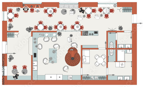 Design project of a restaurant with an open chef kitchen. Dining room layout of the hall and kitchen in the pizzeria. Interior of  cafe is a top view with furniture arrangement. Vector