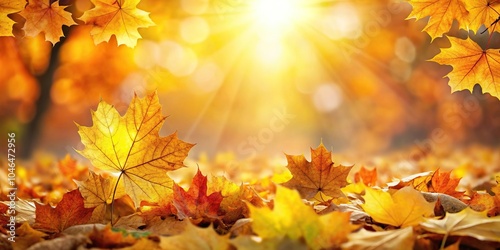 Sunlight background with autumn leaves in orange and yellow with a tilted angle