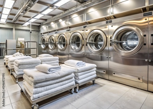 High-End Hotel Laundry Room with Industrial Washing Machines and Dryers in Action, Processing Bed Linens and Towels, Macro Photography, Cleanliness and Efficiency Focused