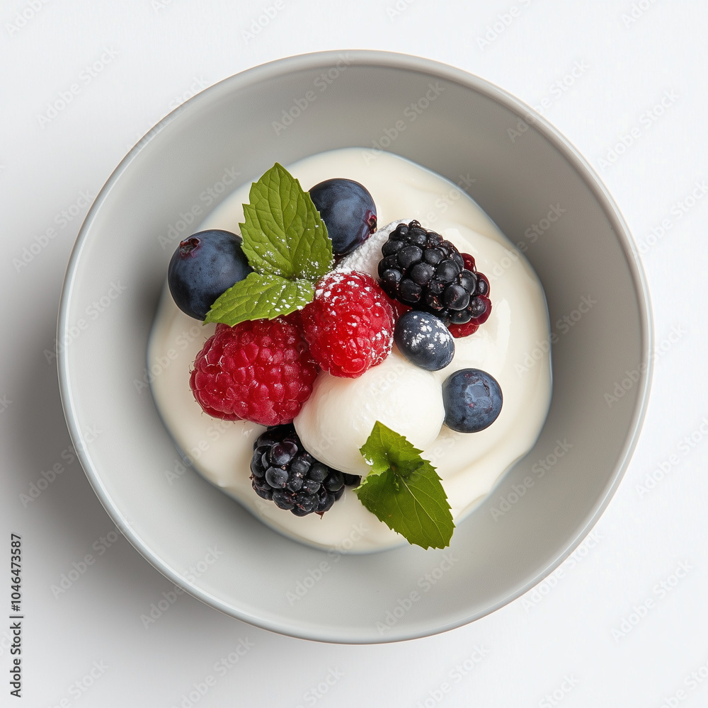 Fresh Yogurt Dessert with Berries and Mint Garnish Fresh Yogurt Dessert with Berries and Mint Garnish