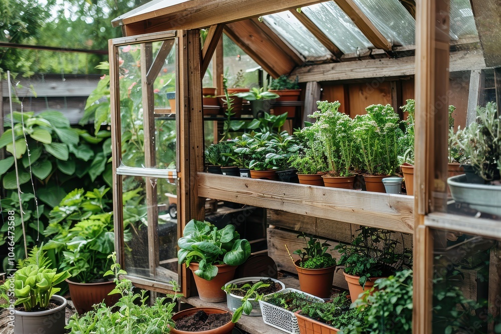 Plants in greenhouse on patio in containers Plants in greenhouse on patio in containers
