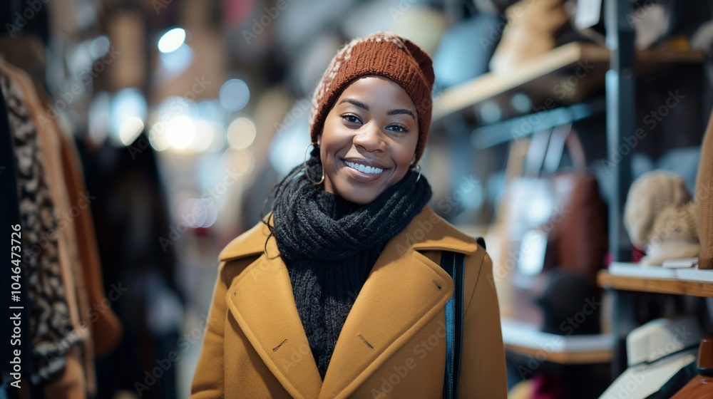 A smiling Black woman in warm winter yellow outfit and a brown hat stands on a blurred background of a clothing store, the joy of holiday shopping. festive winter, fashion. Happy female customer A smiling Black woman in warm winter yellow outfit and a brown hat stands on a blurred background of a clothing store, the joy of holiday shopping. festive winter, fashion. Happy female customer