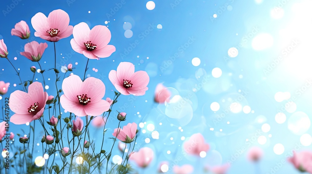 Elegant Pastel Flowers Against a Bright Blue Sky