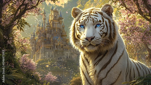 A white tiger with blue eyes stands in a lush forest with a majestic castle in the background.