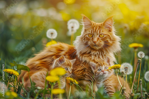 Big red cat with kittens on spring nature, outdoor background photo