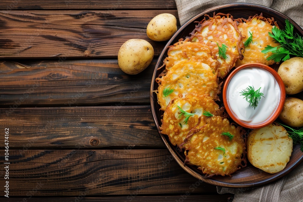 Potato dishes with yogurt or cream on wooden table Text space available Potato dishes with yogurt or cream on wooden table Text space available
