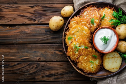 Potato dishes with yogurt or cream on wooden table Text space available