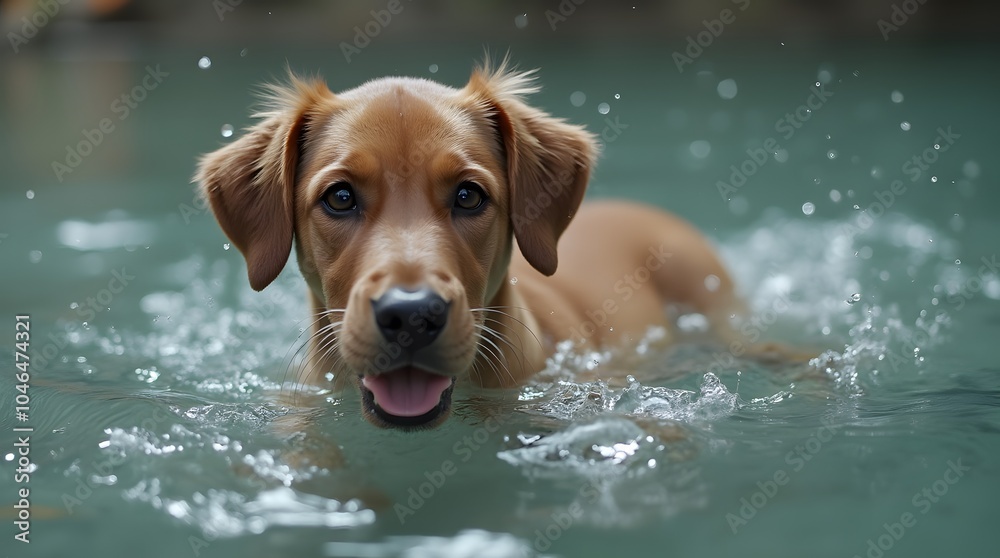 A Labrador puppy swims in the water and looks into the frame. A golden retriever bathes in a pond. The dog swims in the water. A Labrador puppy swims in the water and looks into the frame. A golden retriever bathes in a pond. The dog swims in the water.