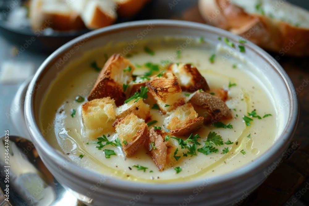 Potato soup with croutons ciabatta bread butter roll Potato soup with croutons ciabatta bread butter roll
