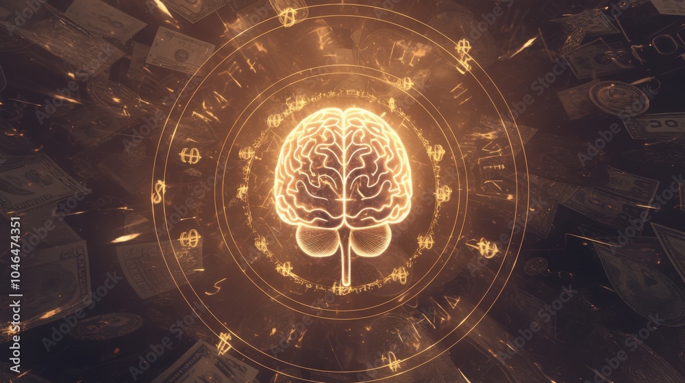 Fototapeta premium Brain illustration with golden circle graphic behind it. Financial concept, money making idea, business idea.