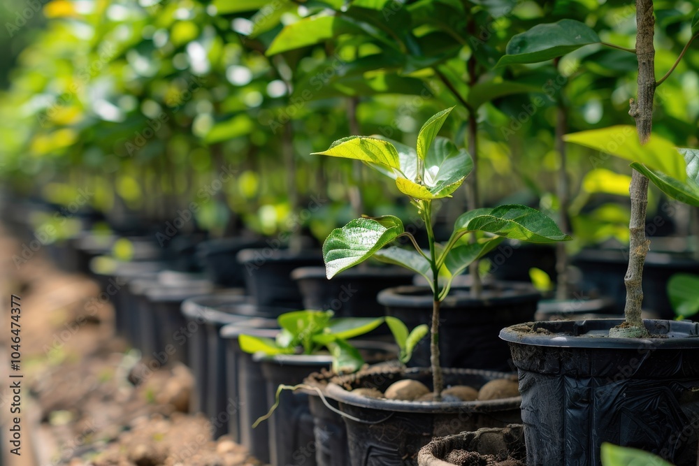 Potted nut trees at nursery Potted nut trees at nursery