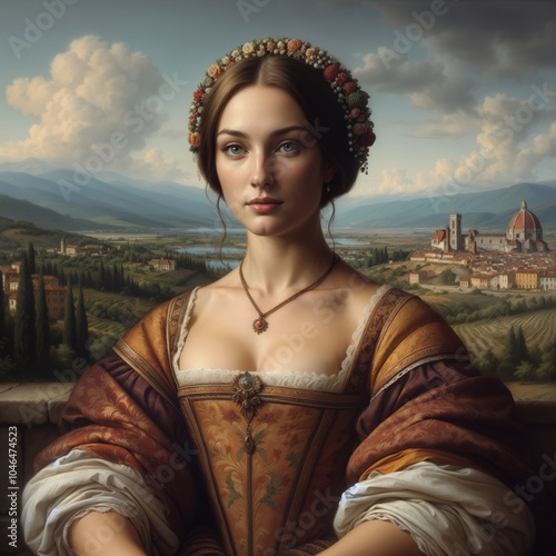 Sophisticated woman in Renaissance dress with a serene mood posing against a picturesque landscape