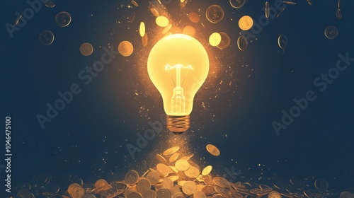 Illustration of a light bulb shining with money floating around. It is a finance, business and management concept.