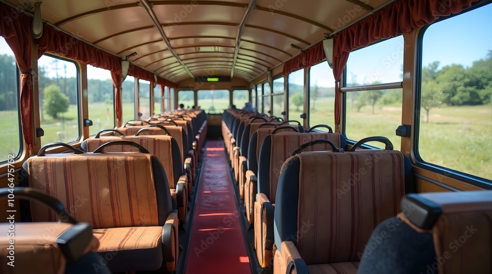 Fototapeta premium Empty interior of a retro bus. Brown leather bus seats just like in the old days. An old example of a bus with curtains and a brown interior.