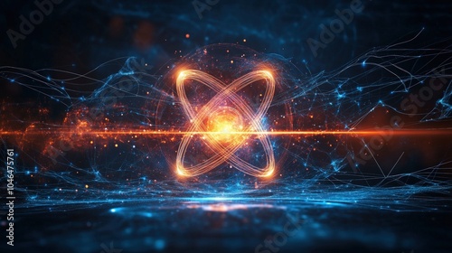 A glowing atomic symbol with a blue and orange color scheme on a dark background with streaks of light.
