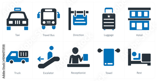 A set of 10 travel and vacation icons as taxi, travel bus, direction