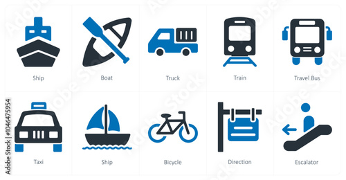 A set of 10 travel and vacation icons as ship, boat, truck