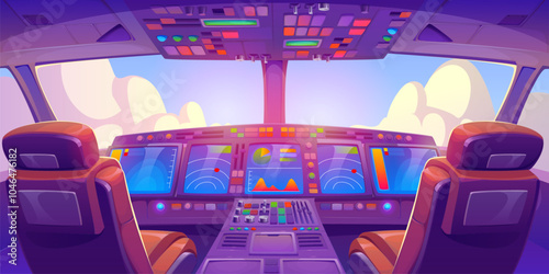 Airplane cockpit, pilot cabin interior with flight deck dashboard with navigation monitors, control panel, seats for pilots and window with view of cloudy sky. Cartoon vector civil aviation transport