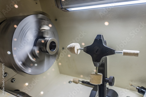 Cnc lathe for polishing surfaces.Inside view of a cnc machine. CNC lathe interior. The CNC lathe machine or Turning machine. Turning numerical control machine with tools and chuck. photo