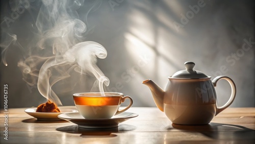 Wallpaper Mural Long Exposure of Hot Teacup and Teapot on White Table, Capturing Steam and Warmth, Perfect for Tea Lovers, Cozy Atmosphere, Kitchen Decor, and Relaxation Themes Torontodigital.ca