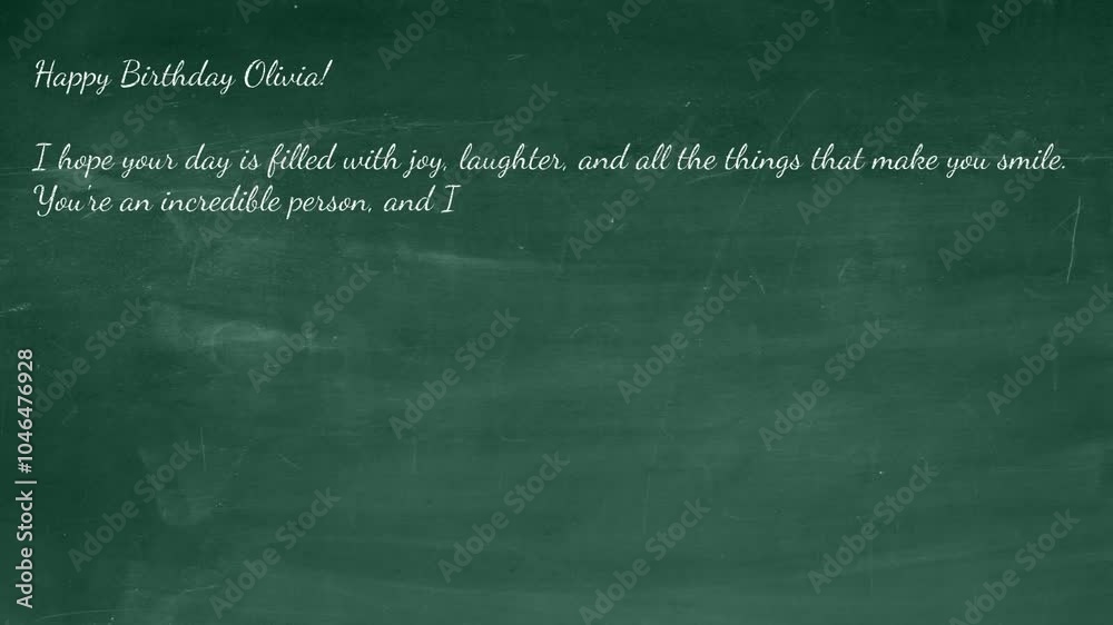 Birthday greeting in English for a young woman, chalkboard-style with a hand-drawn flower bouquet and a heartfelt message of joy and happiness