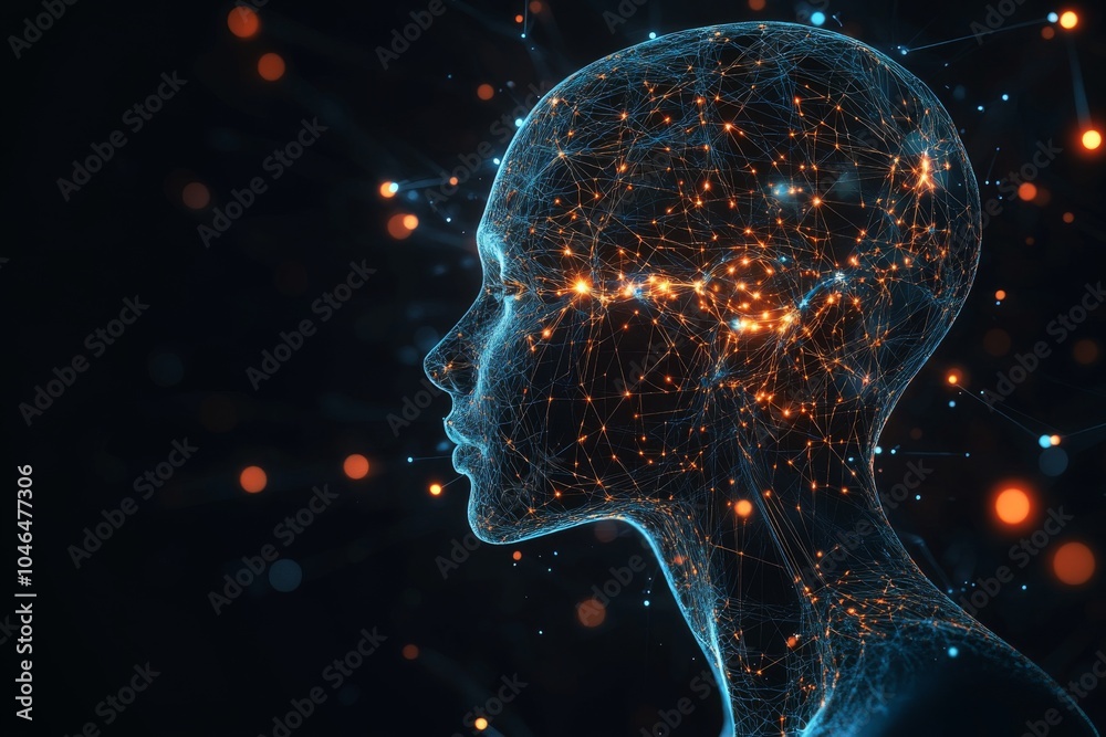 human head with glowing connections lines symbolizes advanced artificial intelligence on black background human head with glowing connections lines symbolizes advanced artificial intelligence on black background