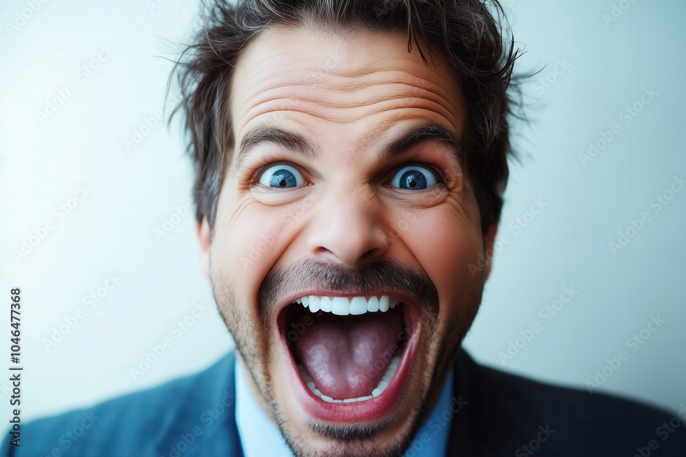 Ecstatic man in a suit with wide-eyed joyful expression AI generated Ecstatic man in a suit with wide-eyed joyful expression AI generated