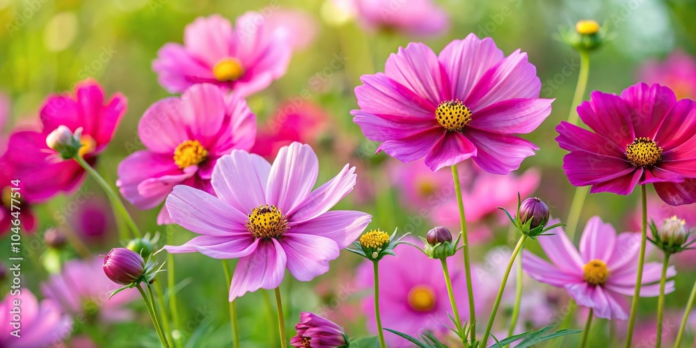 A cluster of vibrant pink and yellow cosmos flowers in a lush green garden, texture, leaves, garden, stem A cluster of vibrant pink and yellow cosmos flowers in a lush green garden, texture, leaves, garden, stem