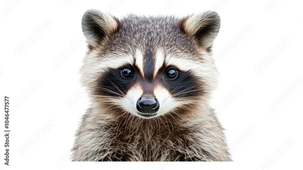 Fototapeta premium A playful raccoon showing its curious expression against a transparent background, emphasizing its distinct facial markings and features.