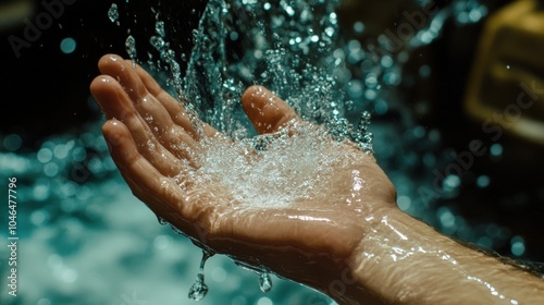 A hand catches water droplets splashing from a fountain.