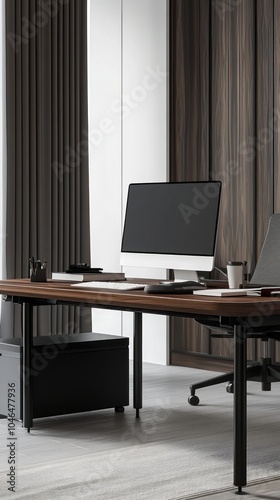 A desk with a computer monitor and keyboard on it